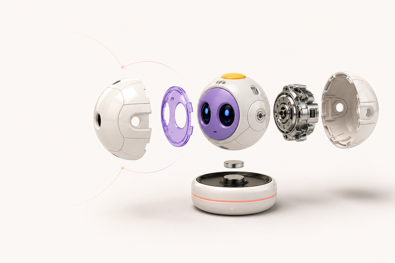 Exploded BOI-001 core showing shell, eye ring and chassis